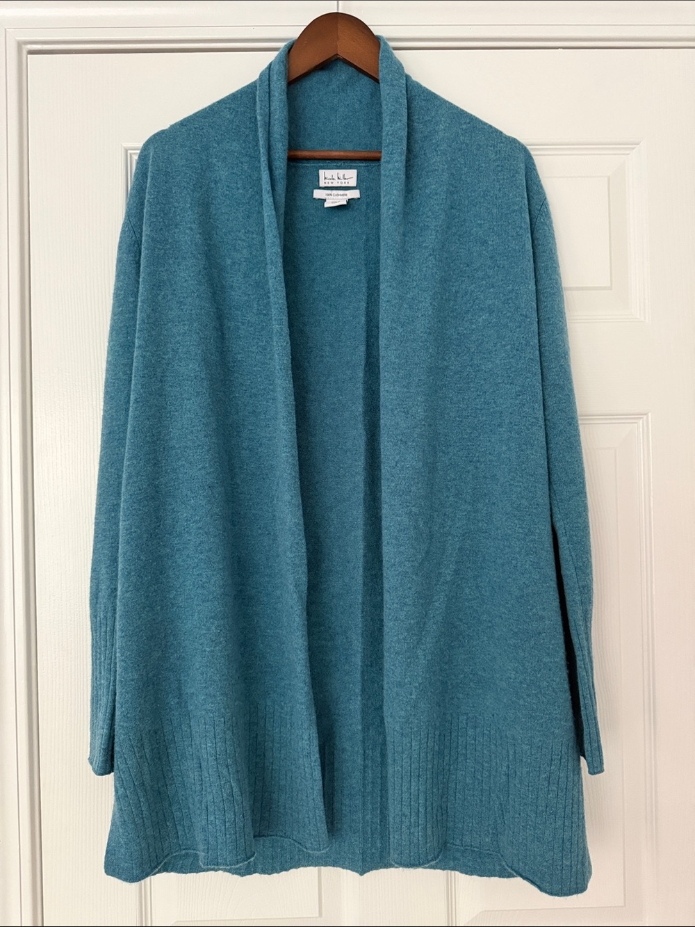 Nicolle Miller Teal Open-Front Cardigan Sz L 100% cashmere